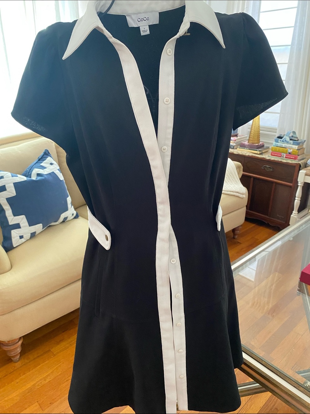 CeCe Black Dress with White Trim Shirt Style Mini